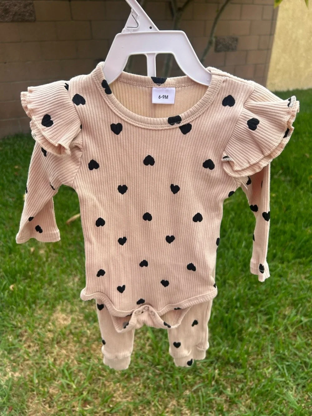 Blush Heart Print Ruffled Shoulder Baby Matching Set